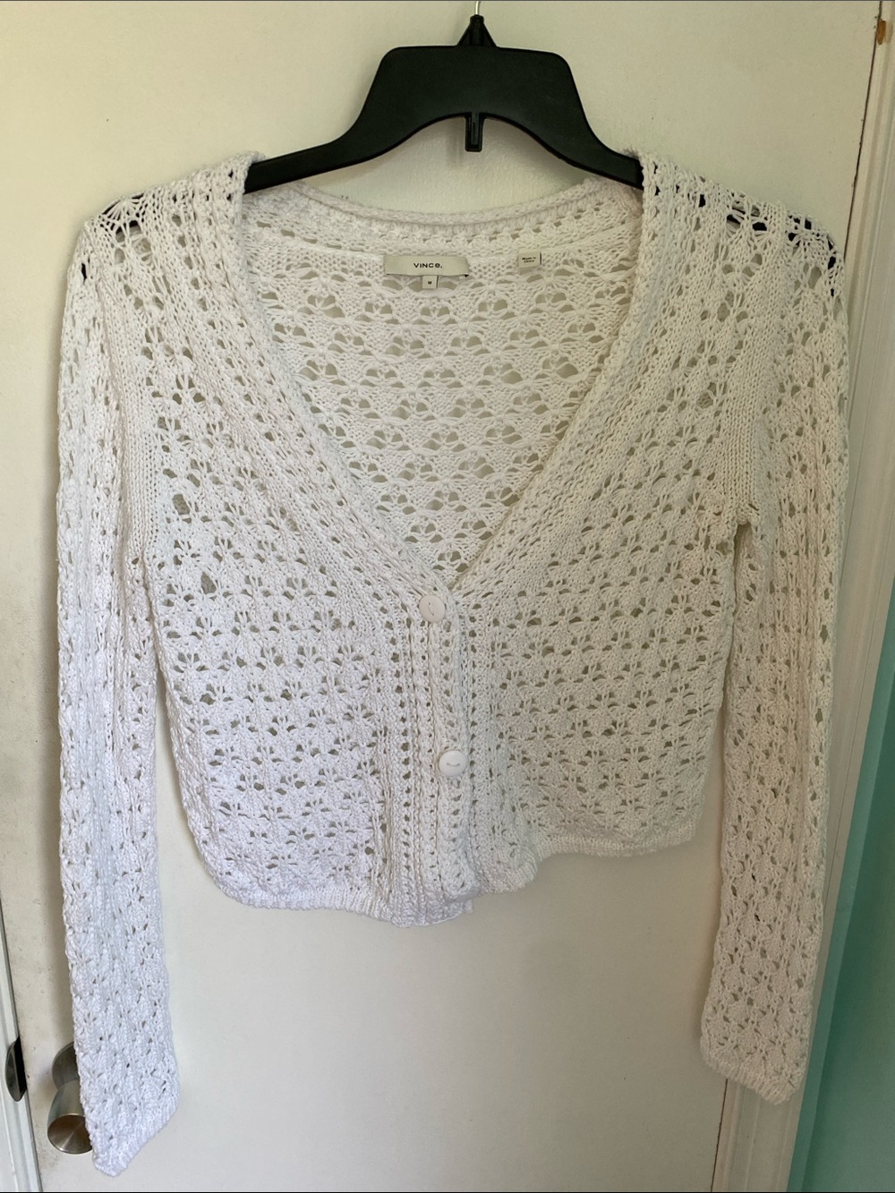 Vince White Openwork Crochet Button-Up cropped Cardigan